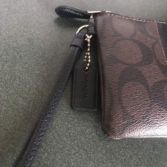 Coach Corner Zip Wristlet in Signature Coated Canvas Leather Stripe Brown/Black - Picture 7 of 16